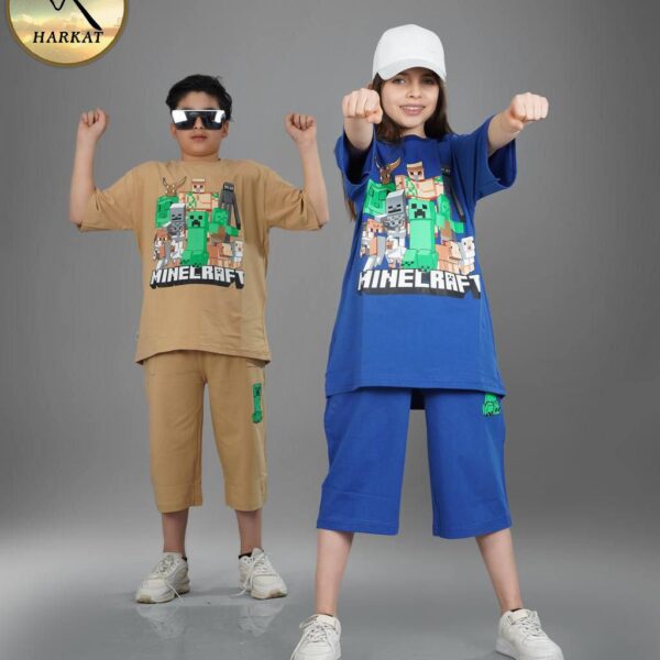 تیشرت و شلوارک مانکرافت جلو چاپ دخترانه و پسرانه نوجوان