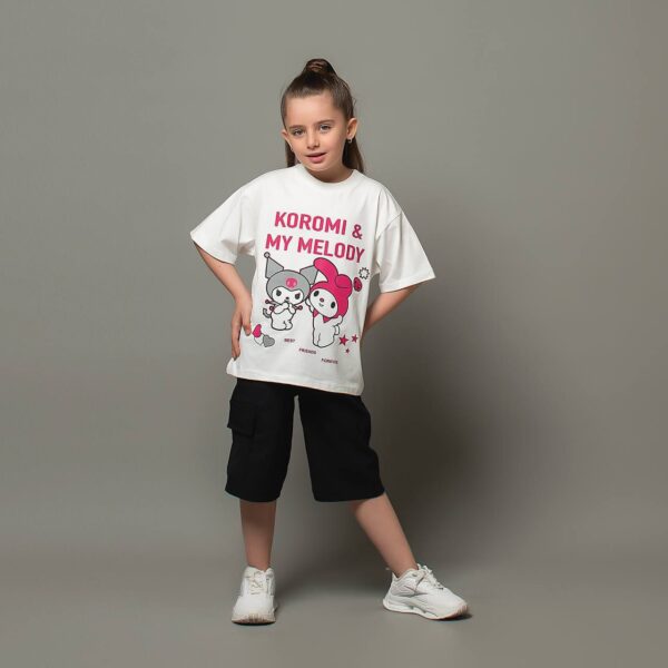 تیشرت و شلوارک دخترانه کتان لش باکسی کرومی و ملودی