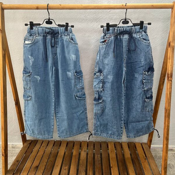 شلوار جین آبی کارگو دخترانه و پسرانه