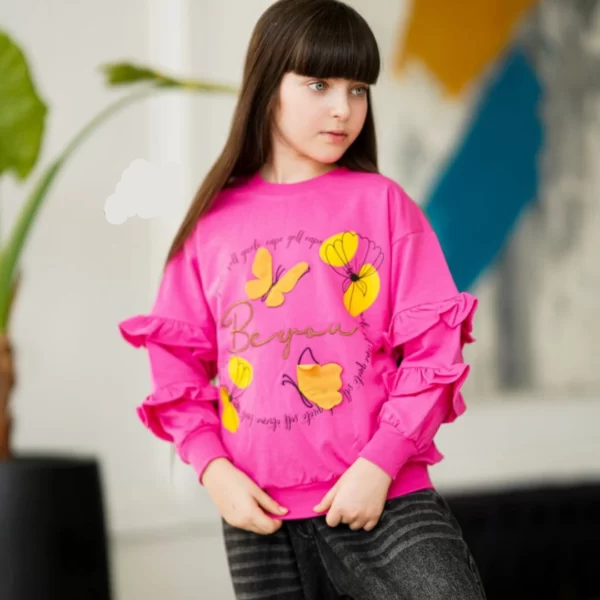 بلوز دورس دخترانه مدل آستین چین‌دار طبقه ای چاپ و توردوزی پروانه ای